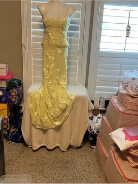 Yellow Lace Embroidered Spaghetti Strap Wedding Dress